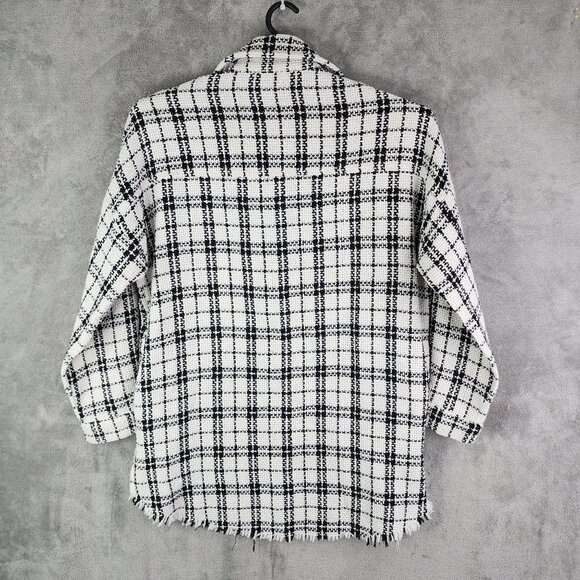 Womens Aaron & Amber Plaid Jacket Button Up Black & White 3/4 Sleeve Raw Hem M - Picture 9 of 11
